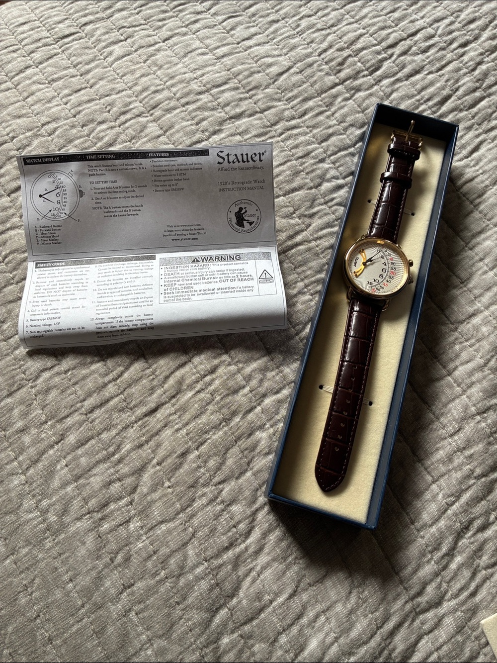 Men's Stauer 1920’s replica retrograde watch with brown leather band